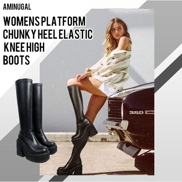 Womens Elastic Knee High Platform Chunky Block High Heel Sock Boots Sz 6.5 - Picture 2 of 9